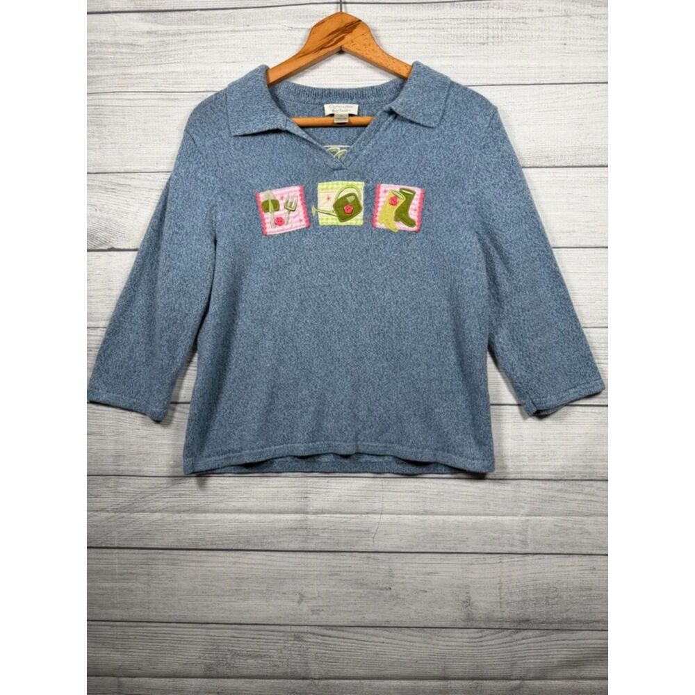 Christopher & Banks Women's M Blue Garden Applique Collared Sweater 4371